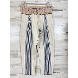 Free People Womens M cream blue In Dreams Embellished Harem Pants Stripe Crochet